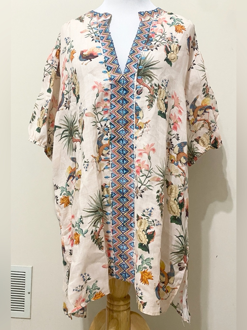 Johnny Was Caspian Floral Bird Print Long Tunic Top Peach Embroidered